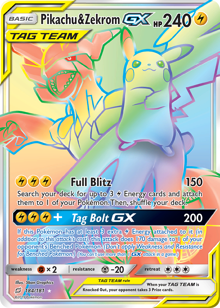 Pikachu & Zekrom-GX sm9-184 Rare Rainbow from Team Up Set